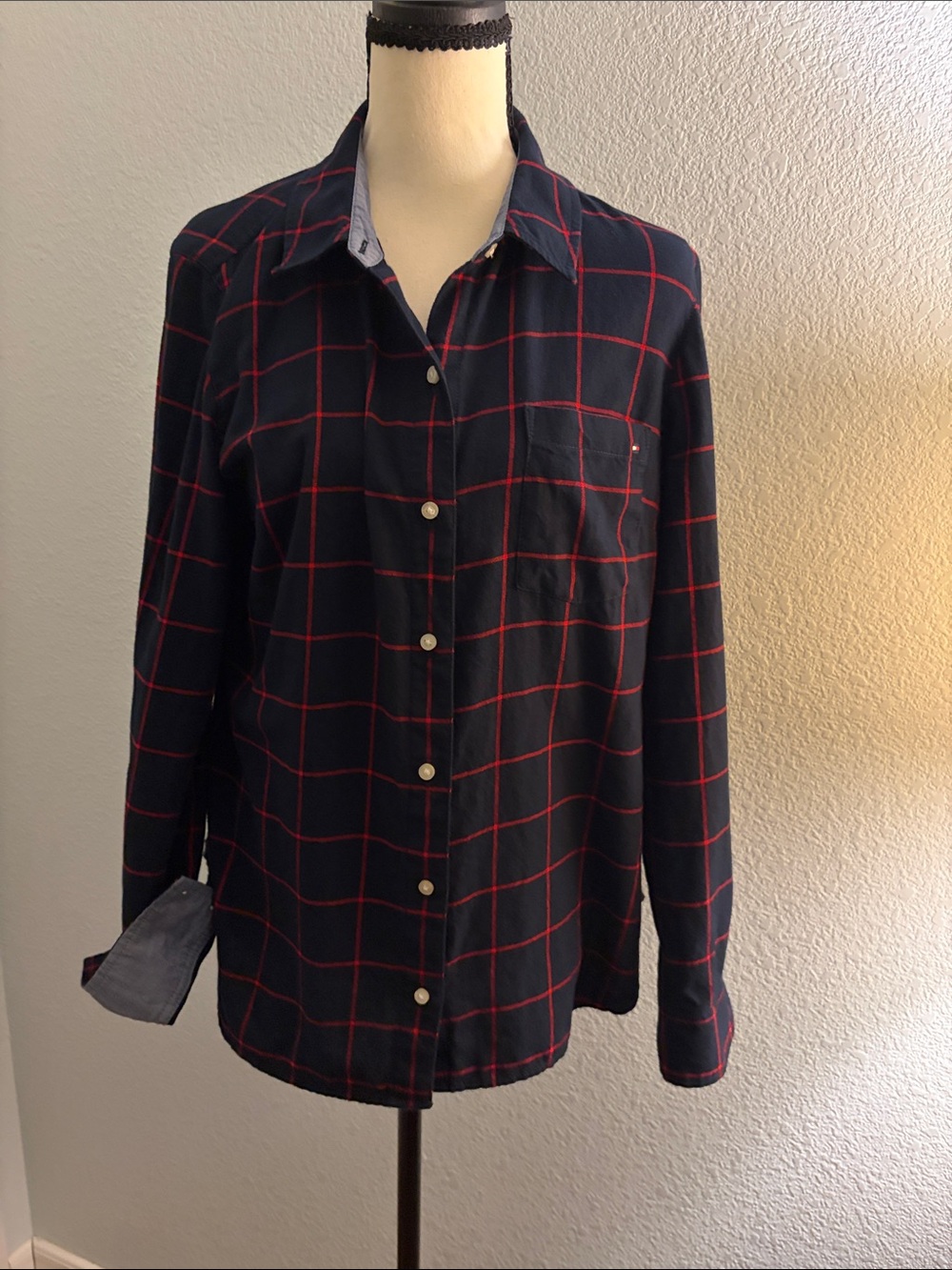 Tommy Hilfiger’s Women Flannel Navy Blue Plaid Shirt - Casual Long Sleeve